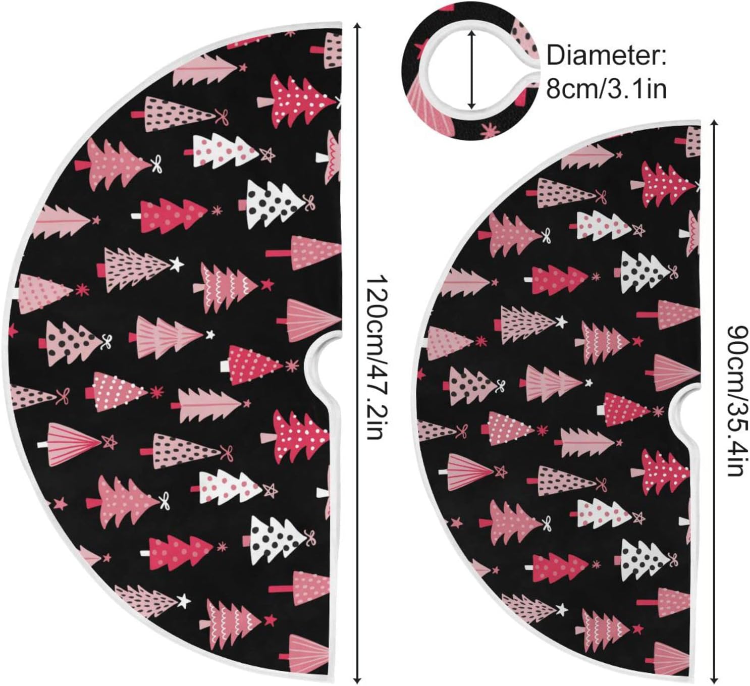 Black Pink Tree Theme Christmas Tree Skirt 36 in Winter Xmas Tree Mat Decoration Holiday Party Supply for Indoor Outdoor Home Office Ornament